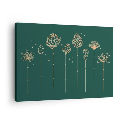 Quadro em tela - Desenhos dourados de ervas sobre fundo verde escuro - 70x50cm - A família RAMOS - Decoração de parede moderna para a sala de estar e quarto ARTTOR