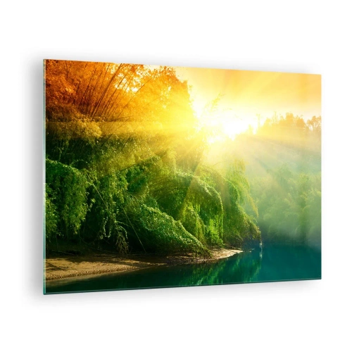 Quadro em vidro - Raios de sol sobre a vegetação verdejante à beira do rio - 70x50cm - Afogar-se ao sol e à sombra - Decoração de parede moderna para a sala de estar e quarto ARTTOR