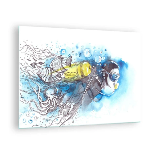 Quadro em vidro - Mergulhador subaquático com peixes em aquarela artística - 70x50cm - Azul Infinito - Decoração de parede moderna para a sala de estar e quarto ARTTOR