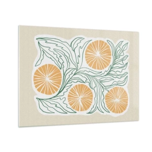 Quadro em vidro - Frutas laranjas e folhas verdes em uma composição gráfica - 70x50cm - Étnico com um toque de abstração - Decoração de parede moderna para a sala de estar e quarto ARTTOR