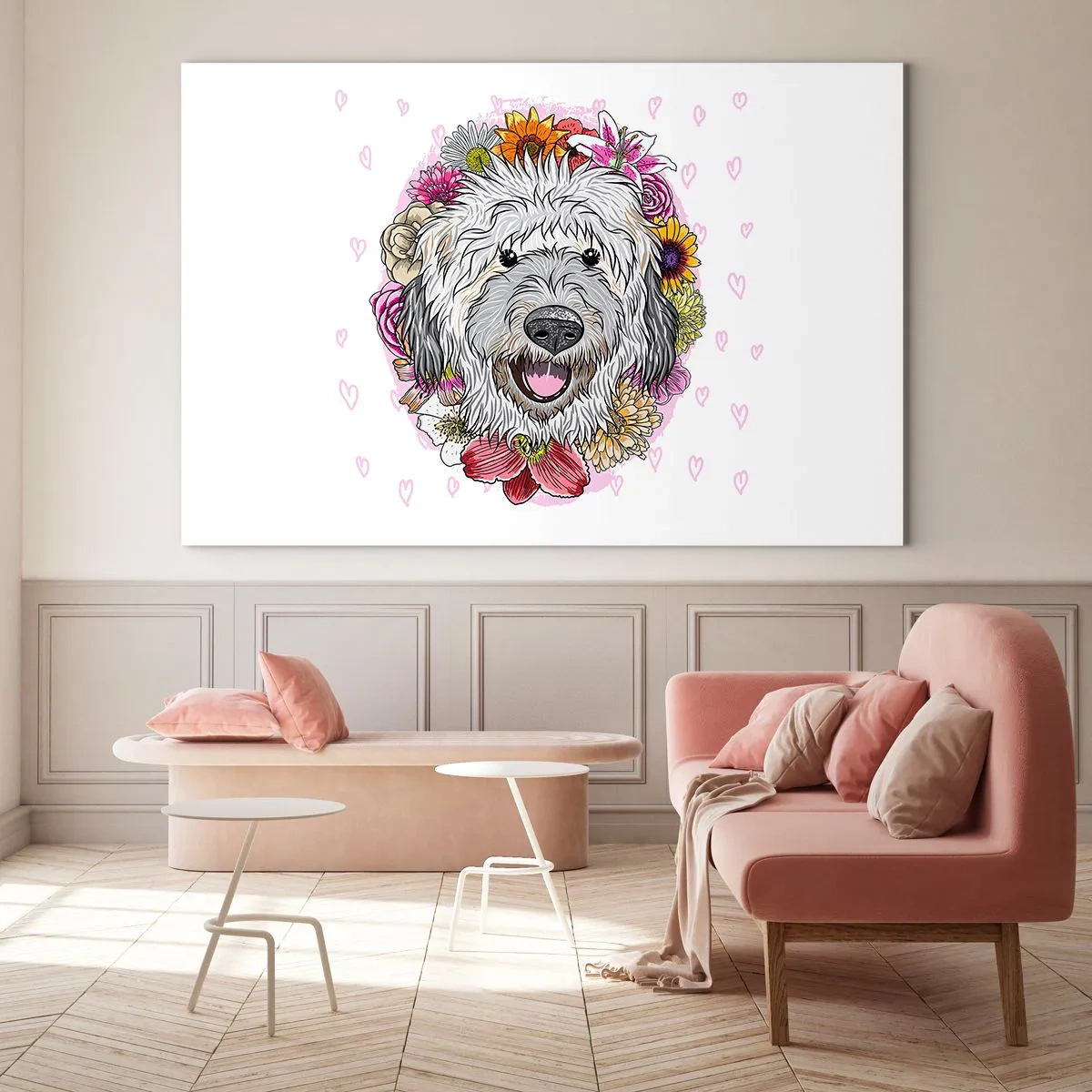 Quadro em vidro - Ilustração de um cachorro cercado por flores - 70x50cm - Alegria de cachorrinho - Decoração de parede moderna para a sala de estar e quarto ARTTOR
