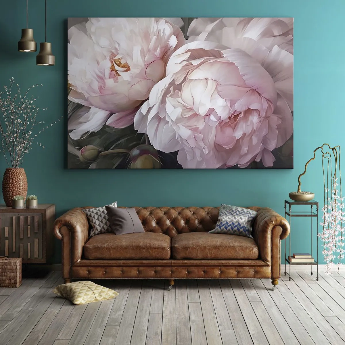 Quadro em tela - Delicadas peônias rosas em plena floração - 70x50cm - Parou no florescer - Decoração de parede moderna para a sala de estar e quarto ARTTOR