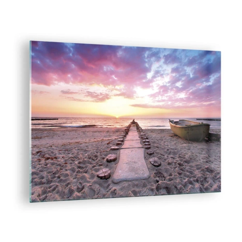 Quadro em vidro - Praia do pôr do sol com barco e píer - 70x50cm - Um momento de profunda experiência - Decoração de parede moderna para a sala de estar e quarto ARTTOR