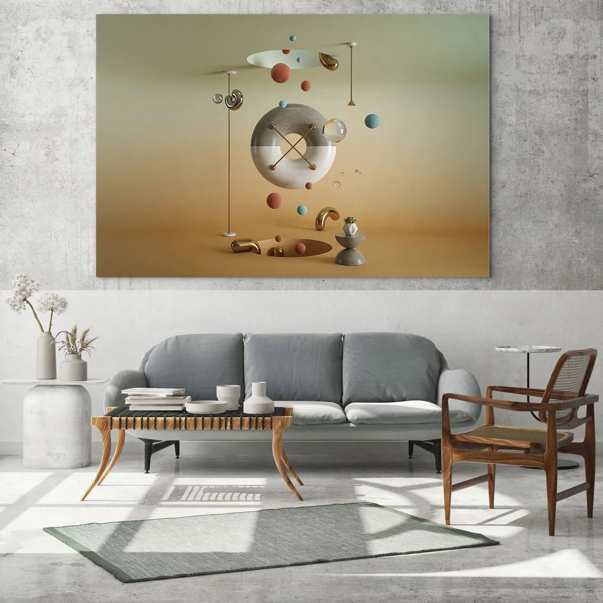 Quadro em vidro - Figuras geométricas em tons pastéis em um espaço abstrato - 70x50cm - Nada pode acontecer - Decoração de parede moderna para a sala de estar e quarto ARTTOR