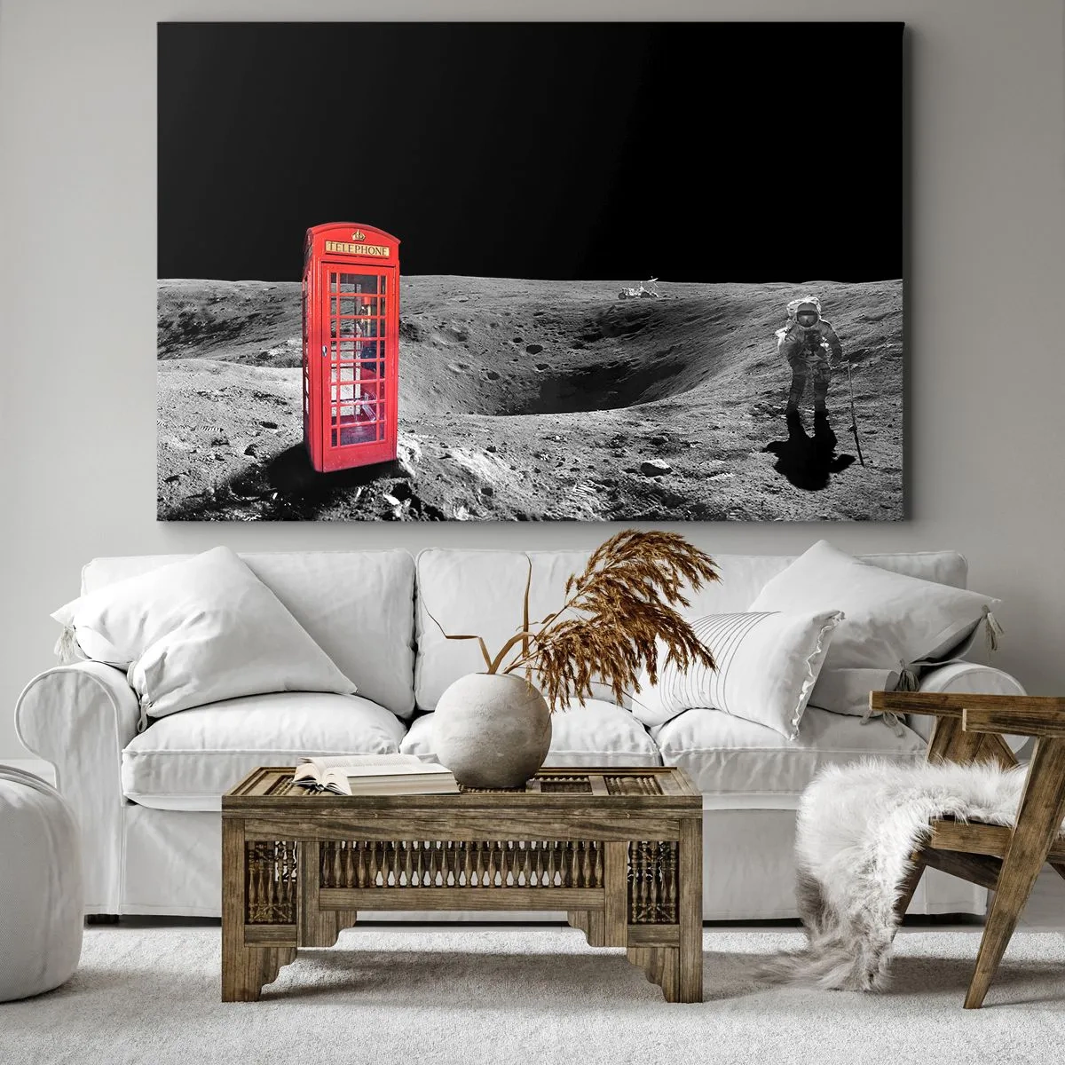 Quadro em tela - Cabine telefônica vermelha na lua - 70x50cm - Piada espacial - Decoração de parede moderna para a sala de estar e quarto ARTTOR