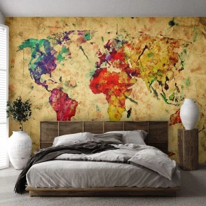 Papel de Parede Standard Eco - Mapa-múndi colorido em aquarela - 100x70cm - A vida como um papel de mapa colorido - Decoração de parede moderna para a sala de estar e quarto ARTTOR