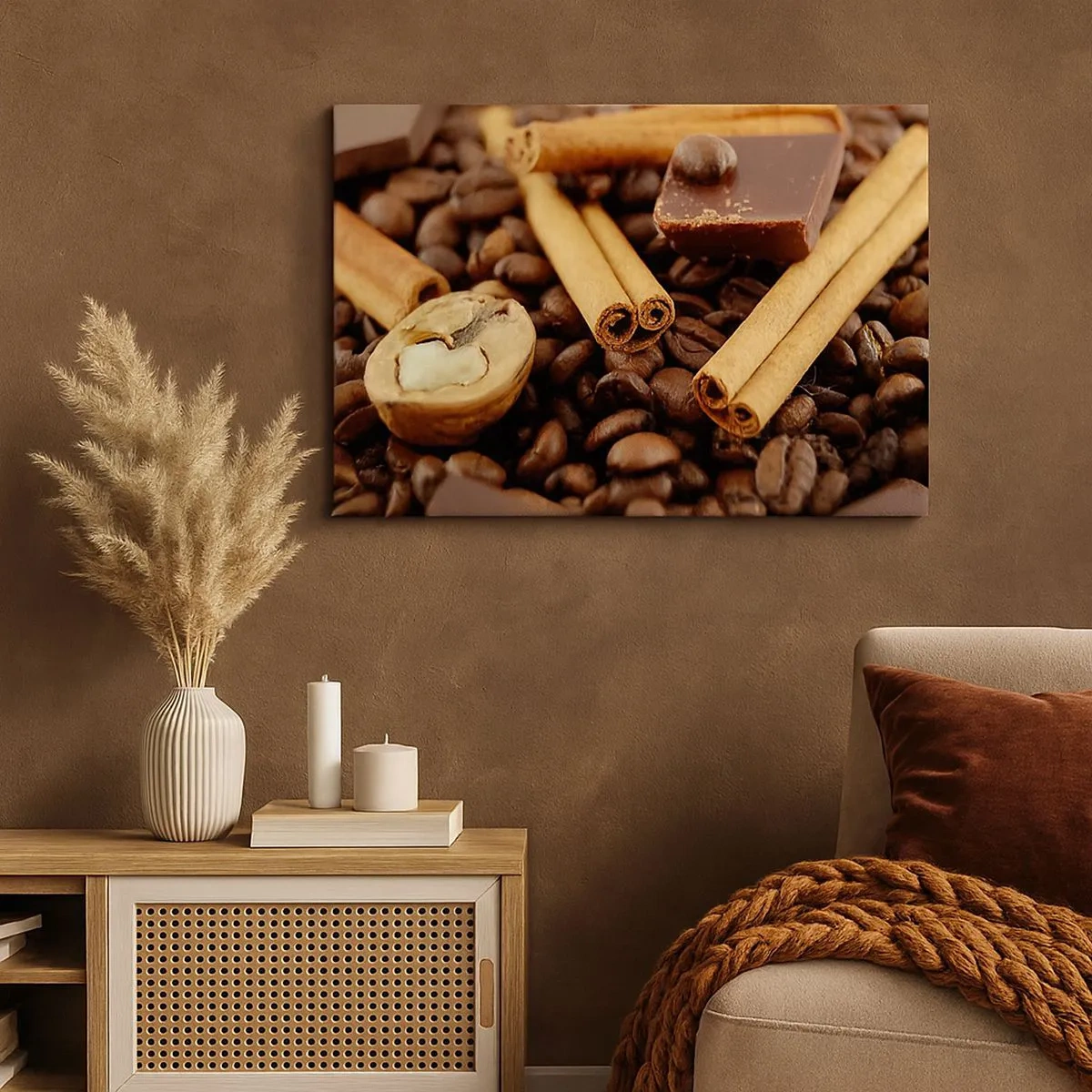 Quadro em tela - Grãos de café com paus de canela, chocolate e nozes. - 70x50cm - Concerto de aromas - Decoração de parede moderna para a sala de estar e quarto ARTTOR