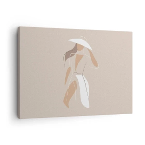 Quadro em tela - Um desenho minimalista de uma mulher de chapéu em um fundo bege. - 70x50cm - A moda é diversão - Decoração de parede moderna para a sala de estar e quarto ARTTOR