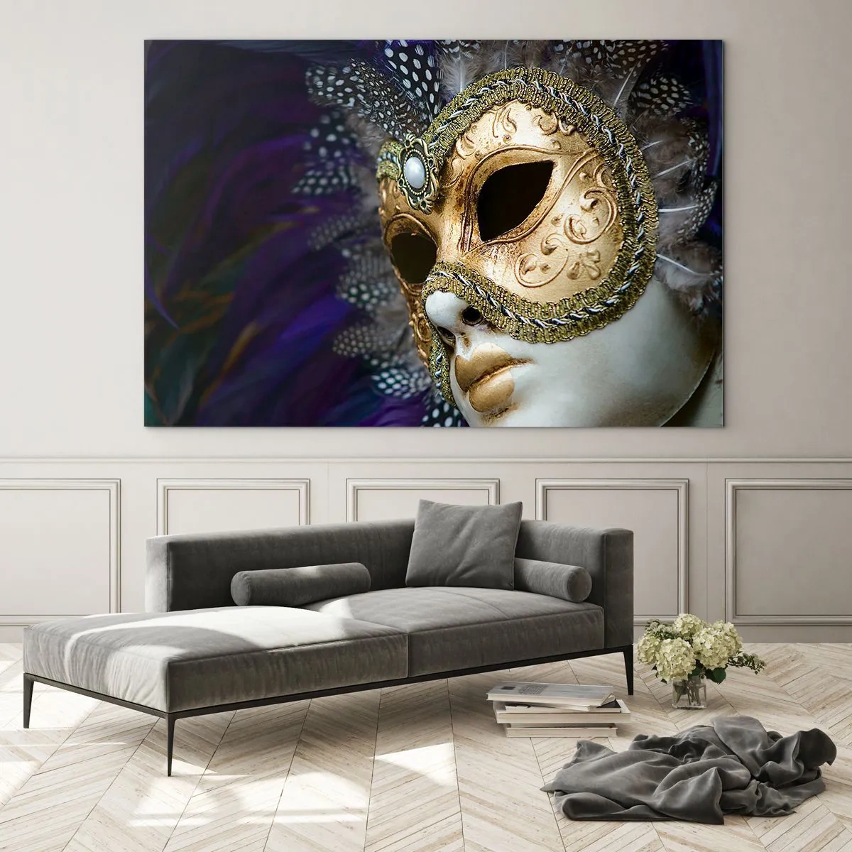 Quadro em vidro - Máscara veneziana dourada com penas sobre fundo roxo - 70x50cm - Retrato veneziano em ouro - Decoração de parede moderna para a sala de estar e quarto ARTTOR