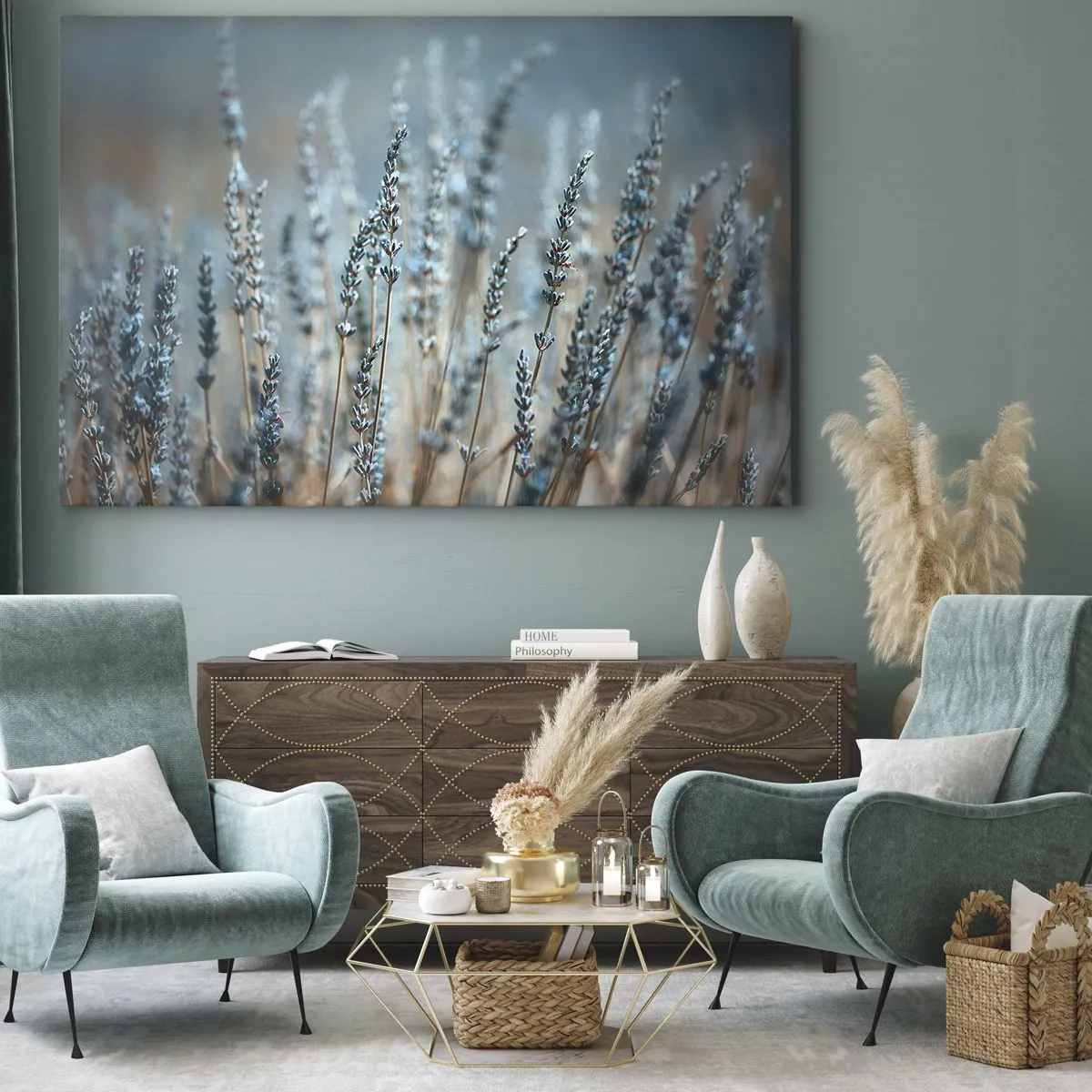 Quadro em tela - Lavanda no campo em tons pastéis sutis - 70x50cm - Prado perfumado - Decoração de parede moderna para a sala de estar e quarto ARTTOR