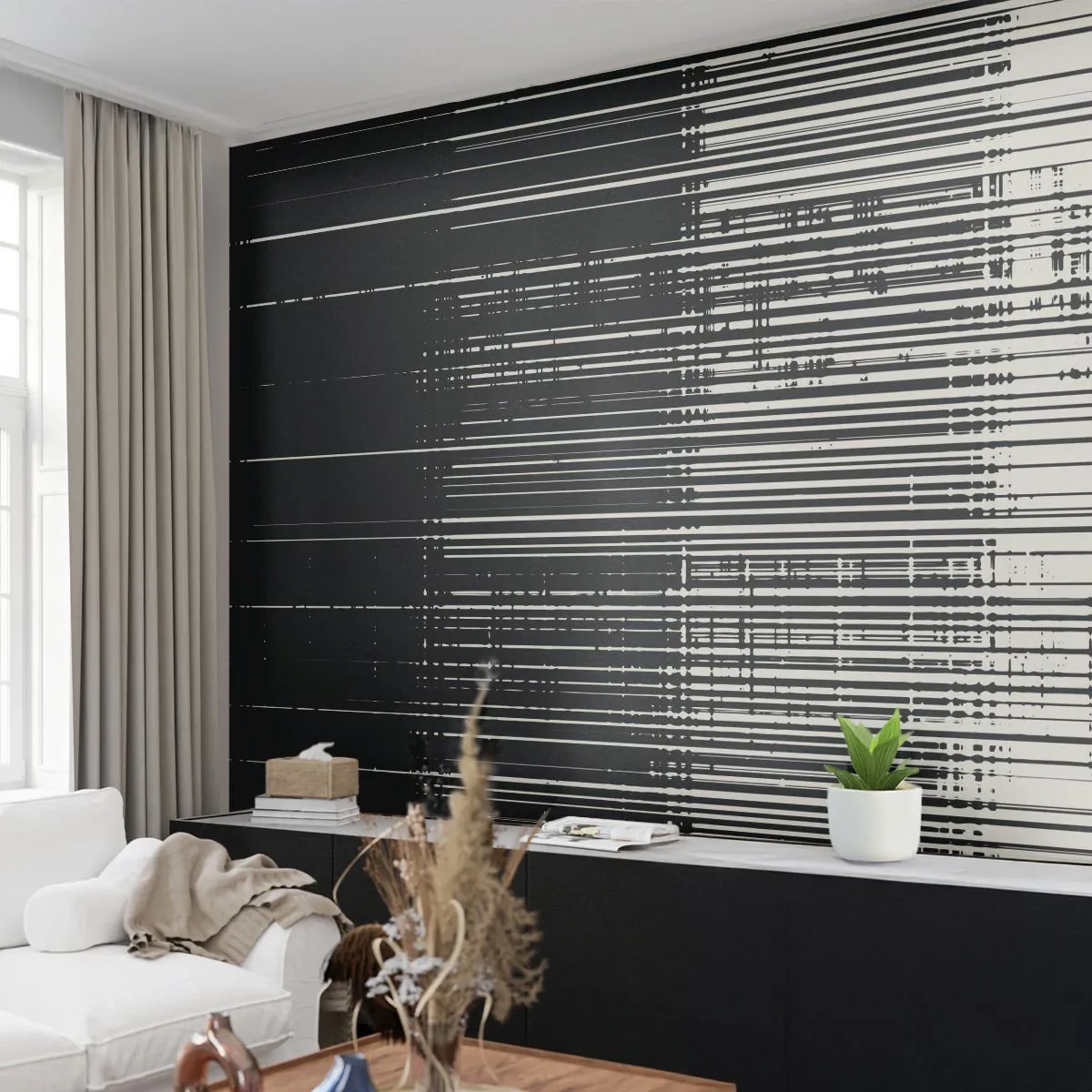 Papel de Parede Autocolante Deluxe Sticker - Ondas e vibrações - Preto e branco, Códigos de barra, Linhas - 250x175 cm