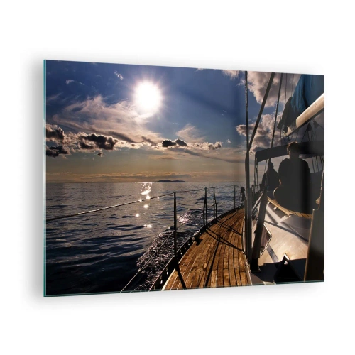 Quadro em vidro - Um passeio de veleiro ao pôr do sol - 70x50cm - Sob velas em direção ao sol - Decoração de parede moderna para a sala de estar e quarto ARTTOR