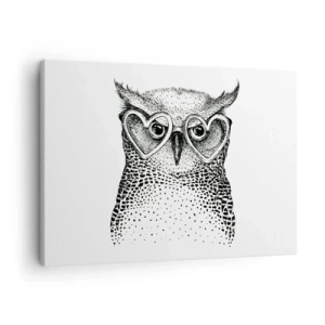 Quadro em tela - Gráfico estiloso de uma coruja usando óculos em formato de coração - 70x50cm - Sabiamente e amorosamente - Decoração de parede moderna para a sala de estar e quarto ARTTOR