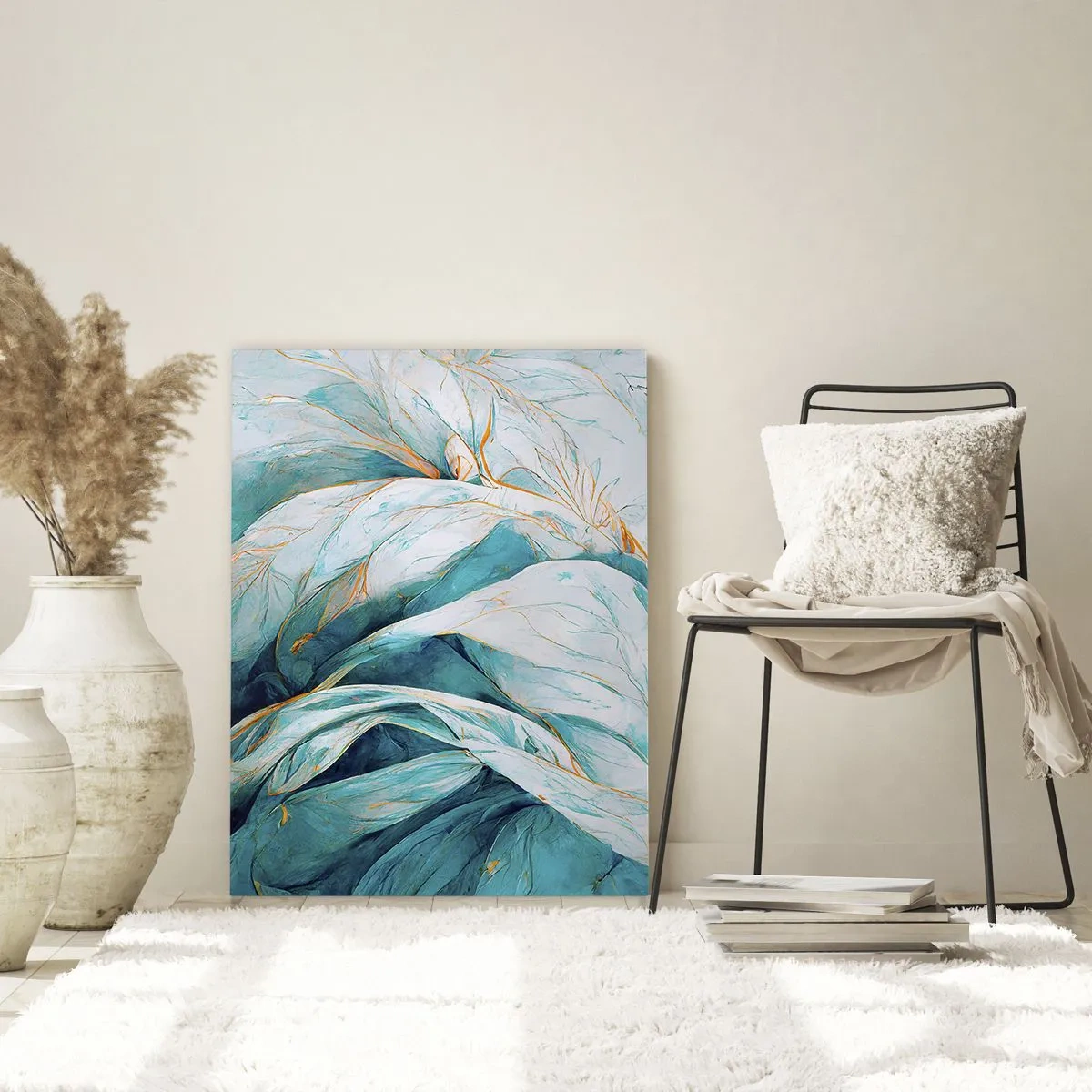 Quadro em vidro - Abstração azul com lema dourado - 70x100 cm