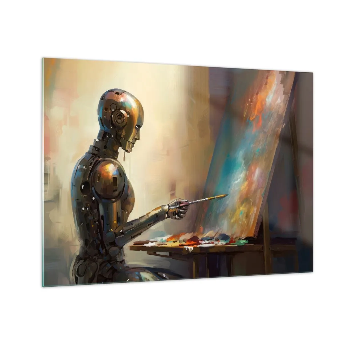 Quadro em vidro - Um robô pintando um quadro em um cavalete - 70x50cm - A arte do futuro - Decoração de parede moderna para a sala de estar e quarto ARTTOR