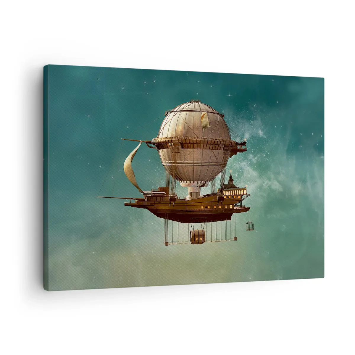 Quadro em tela - Um dirigível fantástico contra o céu esverdeado - 70x50cm - Saudações de Júlio Verne - Decoração de parede moderna para a sala de estar e quarto ARTTOR
