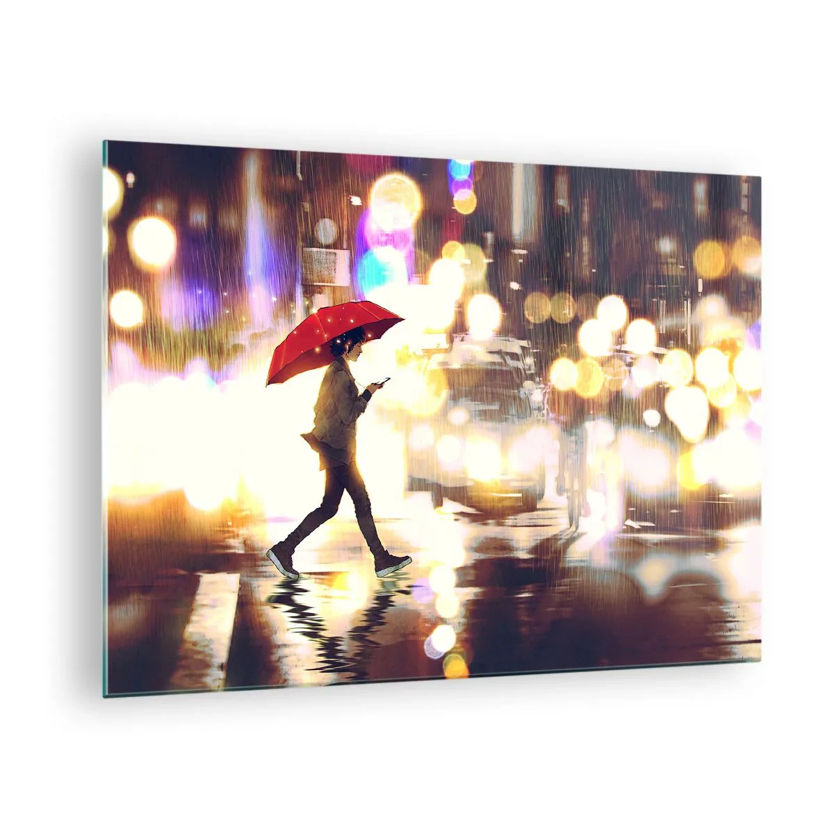 Quadro em vidro - Uma figura com um guarda-chuva vermelho em uma rua chuvosa à noite - 70x50cm - Apesar de tudo, ensolarado - Decoração de parede moderna para a sala de estar e quarto ARTTOR
