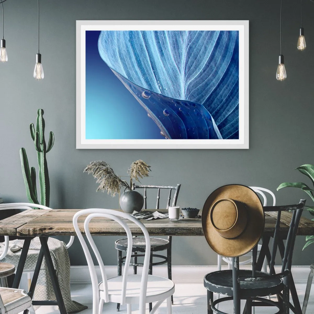 Pôster em moldura branca - Gotas escondidas no azul - 91x61 cm