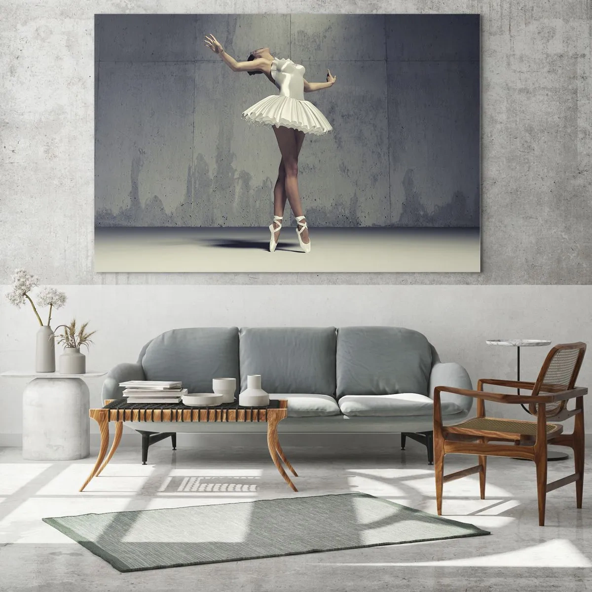 Quadro em vidro - Uma bailarina de vestido branco contra uma parede crua - 70x50cm - Leve como um pássaro - Decoração de parede moderna para a sala de estar e quarto ARTTOR