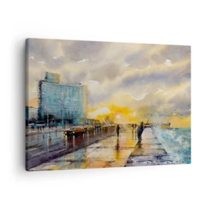 Quadro em tela - Uma vista pitoresca do calçadão à beira-mar ao pôr do sol - 70x50cm - A vida na costa - Decoração de parede moderna para a sala de estar e quarto ARTTOR