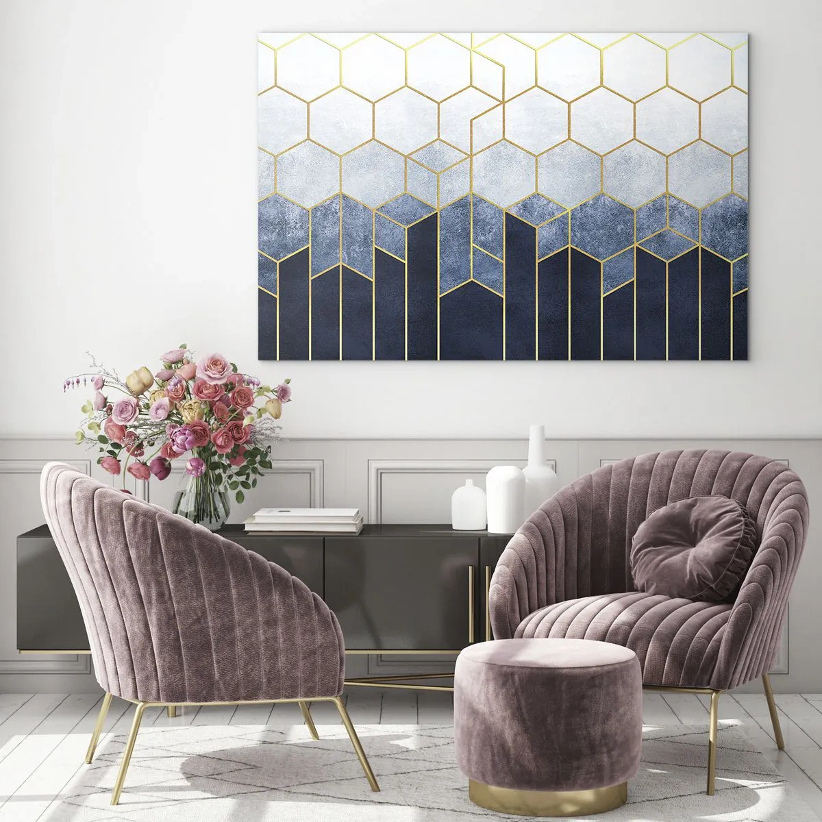 Quadro em vidro - Padrão geométrico nas cores dourado e azul marinho - 70x50cm - Composição em ritmo sincopado - Decoração de parede moderna para a sala de estar e quarto ARTTOR