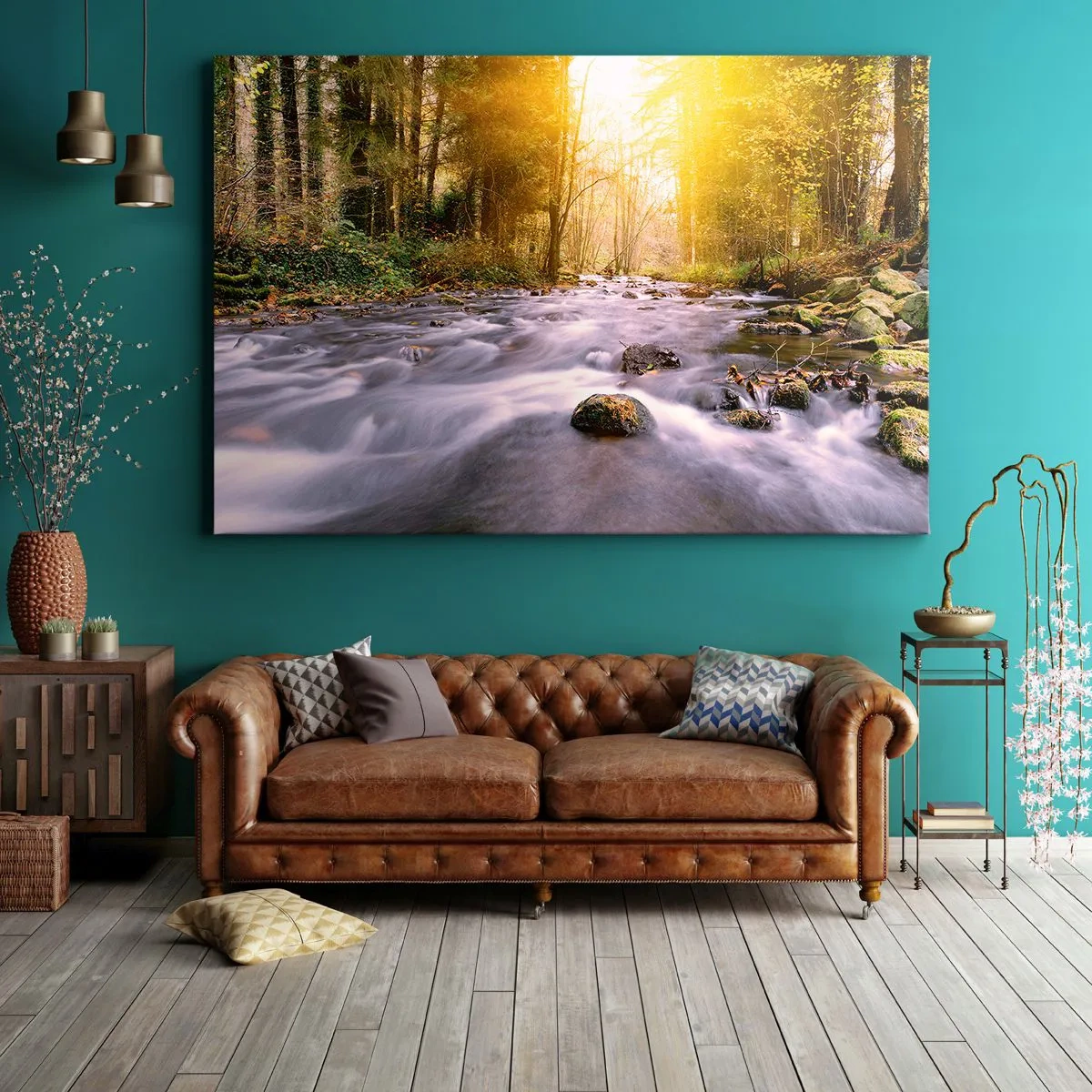 Quadro em tela - Um riacho na floresta iluminado pelos raios do sol - 70x50cm - Malaquita em um cenário de ouro e prata - Decoração de parede moderna para a sala de estar e quarto ARTTOR