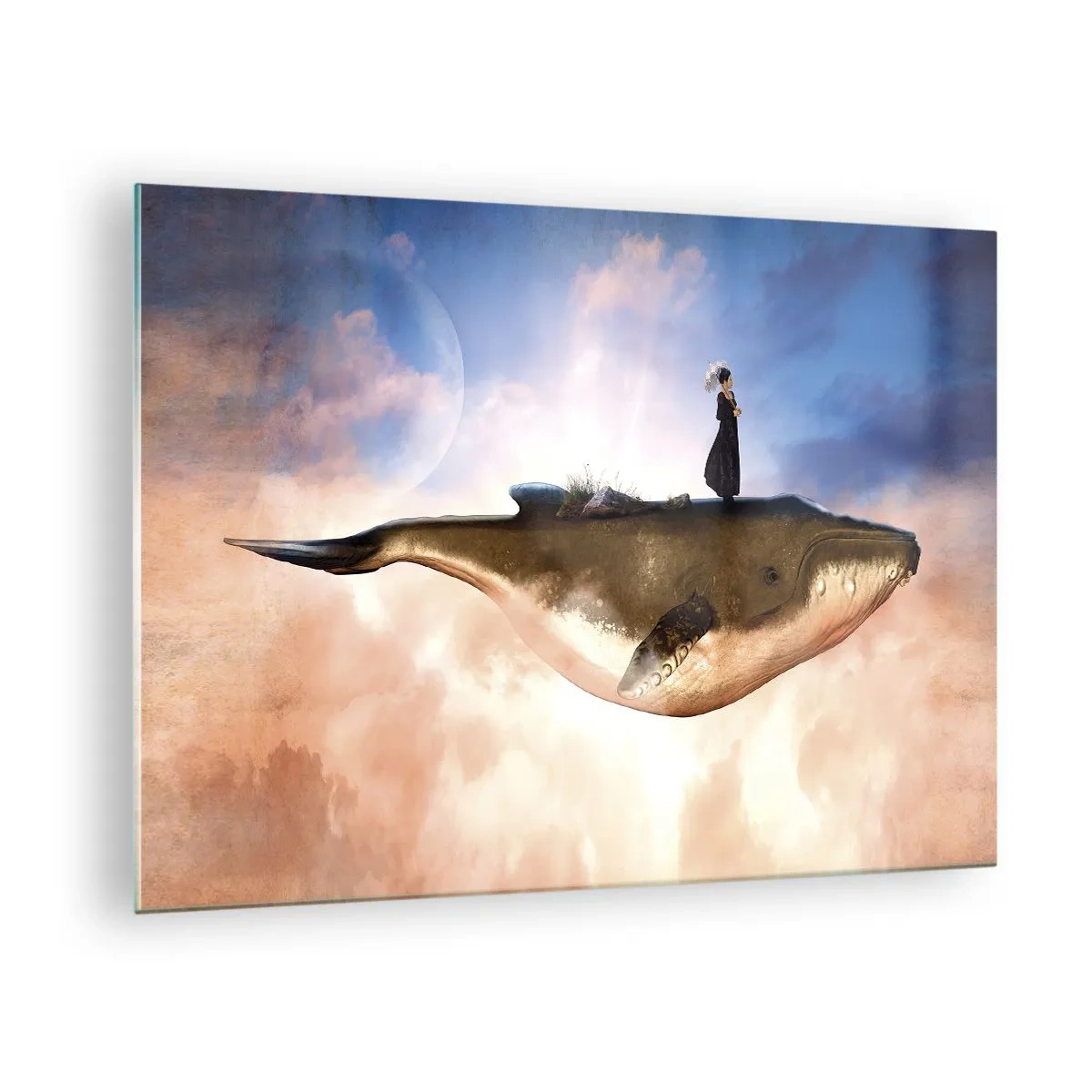 Quadro em vidro - Uma baleia fantástica flutuando nas nuvens com uma mulher em suas costas. - 70x50cm - Uma viagem surreal - Decoração de parede moderna para a sala de estar e quarto ARTTOR