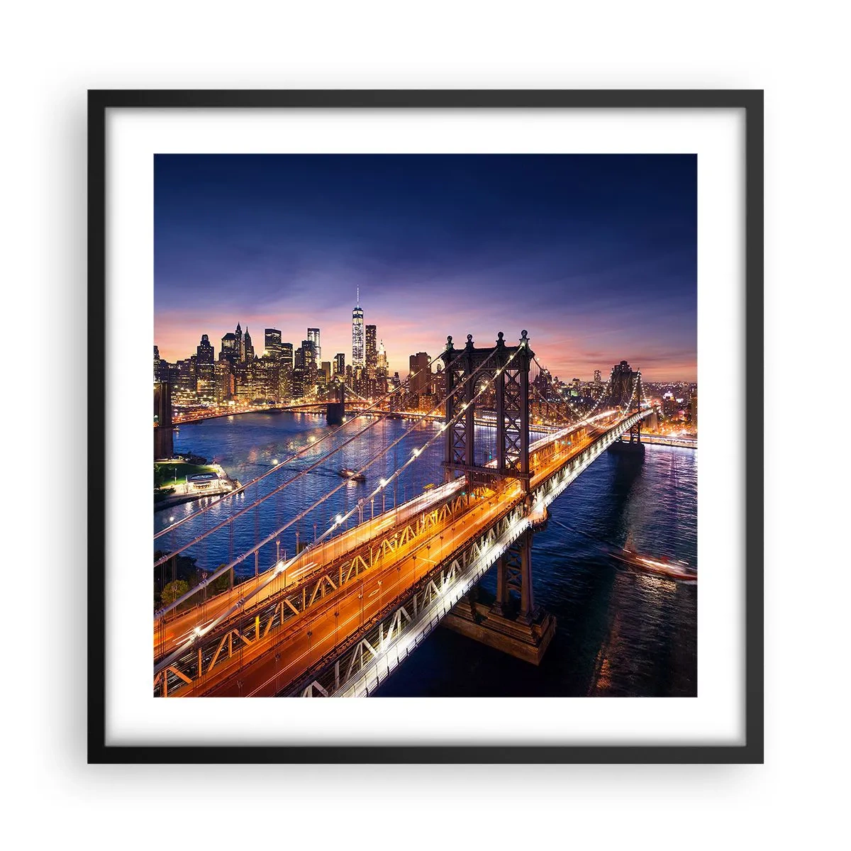 Pôster com moldura preta - Uma ponte luminosa para o coração da cidade - 50x50 cm