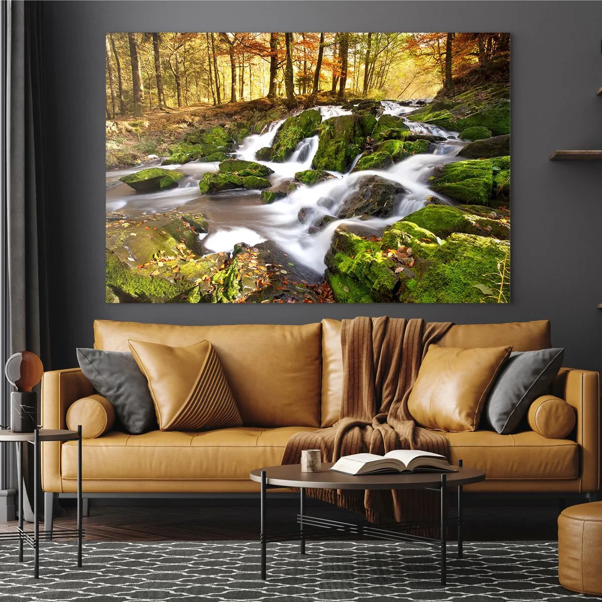 Quadro em vidro - Um riacho na floresta com cachoeiras em uma paisagem de outono - 70x50cm - Pela floresta de outono - Decoração de parede moderna para a sala de estar e quarto ARTTOR
