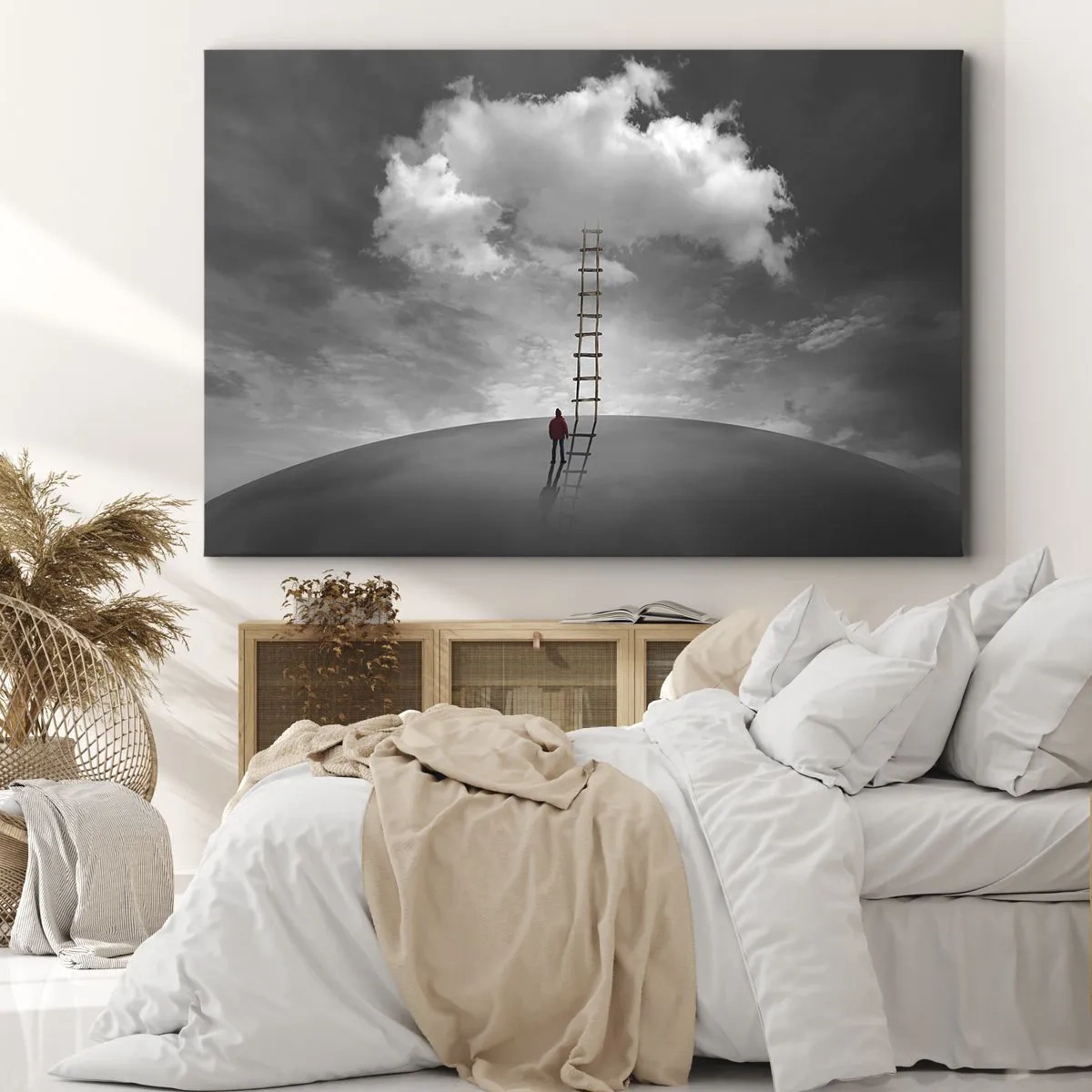 Quadro em tela - Uma pessoa com um casaco vermelho e uma escada que leva a uma nuvem - 70x50cm - Tudo é possível - Decoração de parede moderna para a sala de estar e quarto ARTTOR