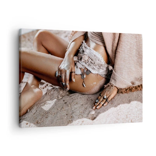 Quadro em tela - Mulher boho na praia com joias - 70x50cm - Expulsa pelas ondas? - Decoração de parede moderna para a sala de estar e quarto ARTTOR