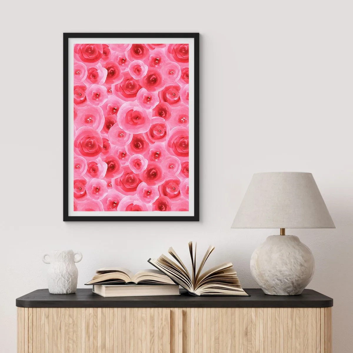 Pôster com moldura preta - Rosas cor de rosa em aquarela em estilo romântico - 50x70cm - Rosas acima e abaixo - Decoração de parede moderna para a sala de estar e quarto ARTTOR