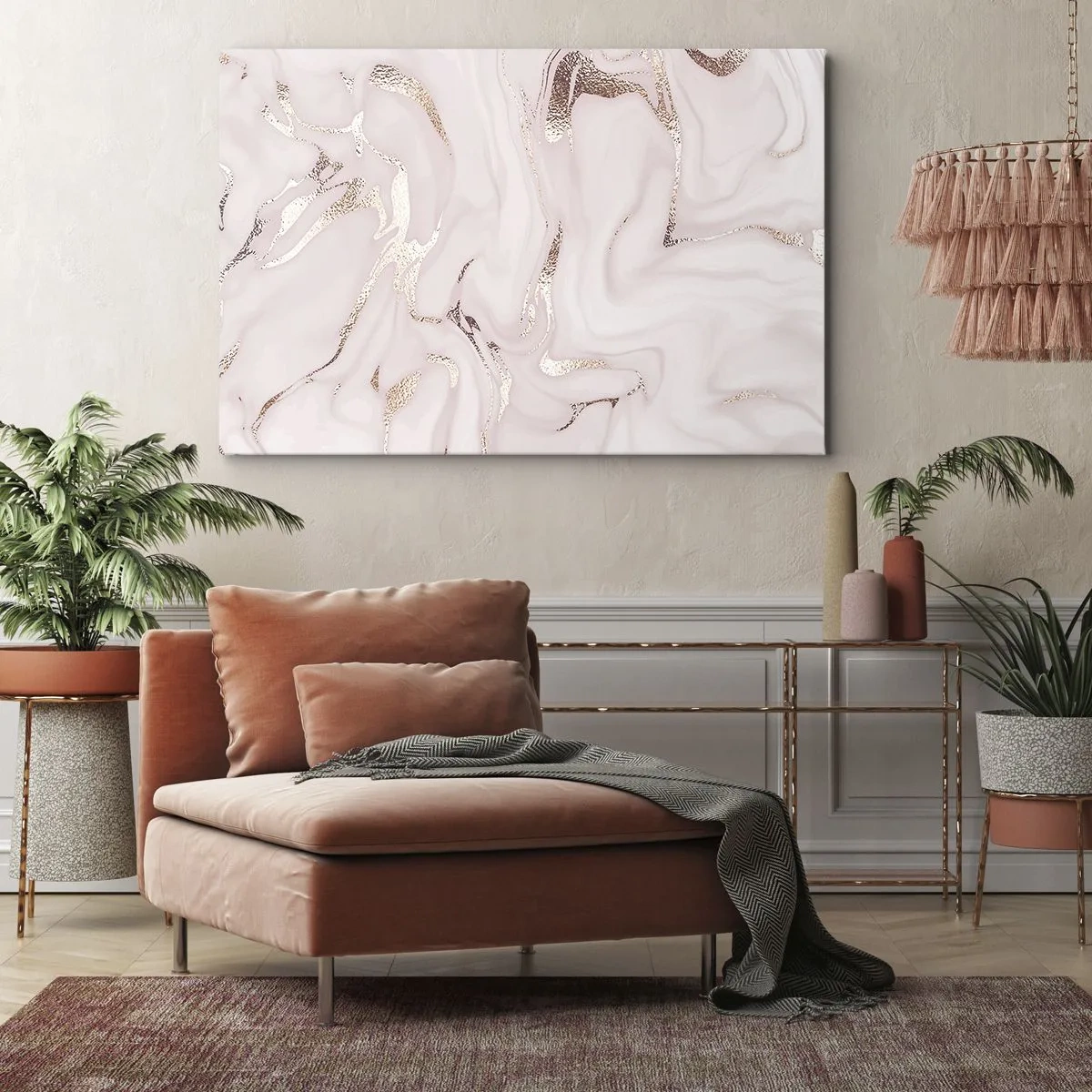 Quadro em tela - Abstração elegante em tons de rosa e dourado - 70x50cm - Num lenço cor-de-rosa - Decoração de parede moderna para a sala de estar e quarto ARTTOR