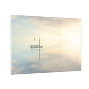 Quadro em vidro - Um veleiro à deriva em um mar calmo ao amanhecer - 70x50cm - Num mar de silêncio - Decoração de parede moderna para a sala de estar e quarto ARTTOR