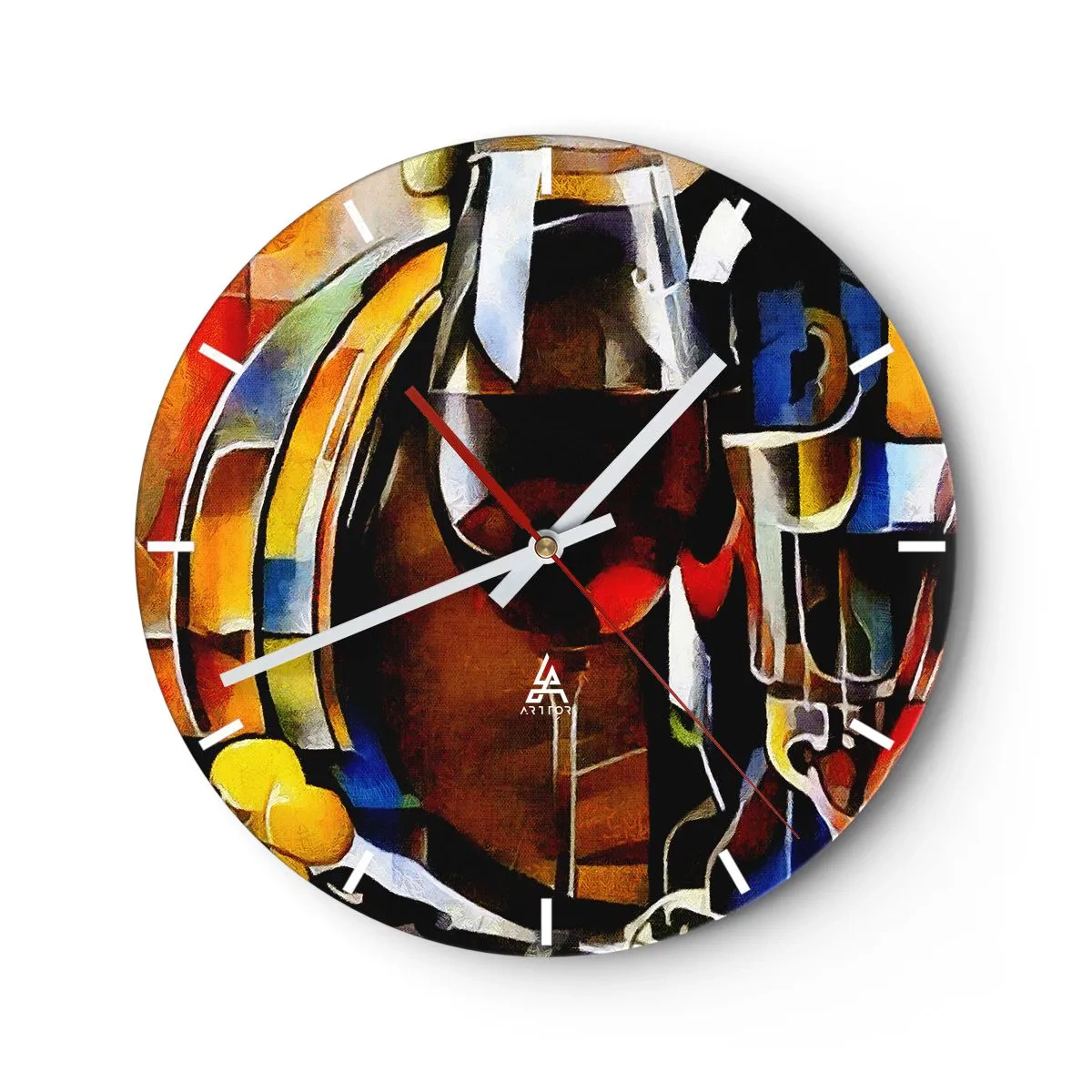 Relógio de parede - Relógio em vidro - Natureza morta abstrata com copos e uma garrafa em cores intensas. - 30x30cm - E o mundo ganha cor - Decoração de parede moderna para a sala de estar, cozinha e quarto ARTTOR