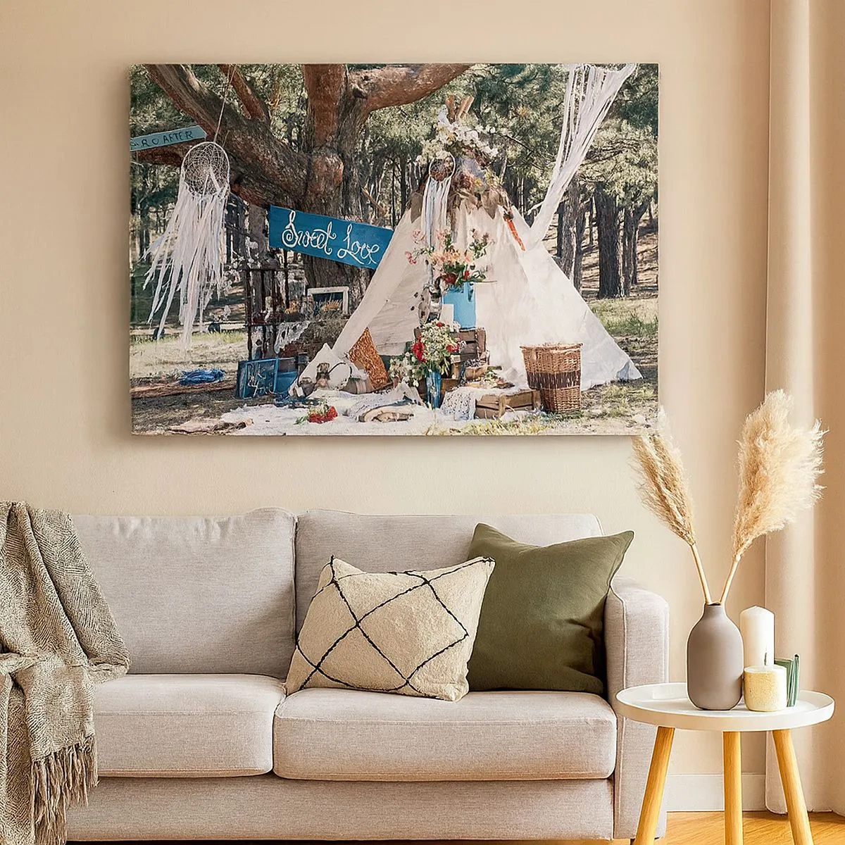 Quadro em tela - Decoração boho com uma tenda tipi na floresta - 70x50cm - Make love… - Decoração de parede moderna para a sala de estar e quarto ARTTOR