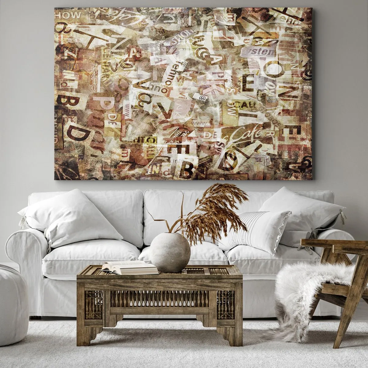 Quadro em tela - Composição abstrata com letras e fragmentos de texto - 70x50cm - Unificando a conversa fiada - Decoração de parede moderna para a sala de estar e quarto ARTTOR