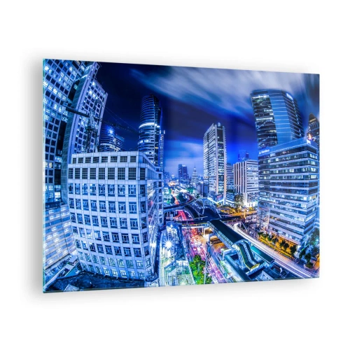 Quadro em vidro - Panorama de uma cidade moderna à noite com luzes brilhantes - 70x50cm - Ritmos da cidade noturna - Decoração de parede moderna para a sala de estar e quarto ARTTOR