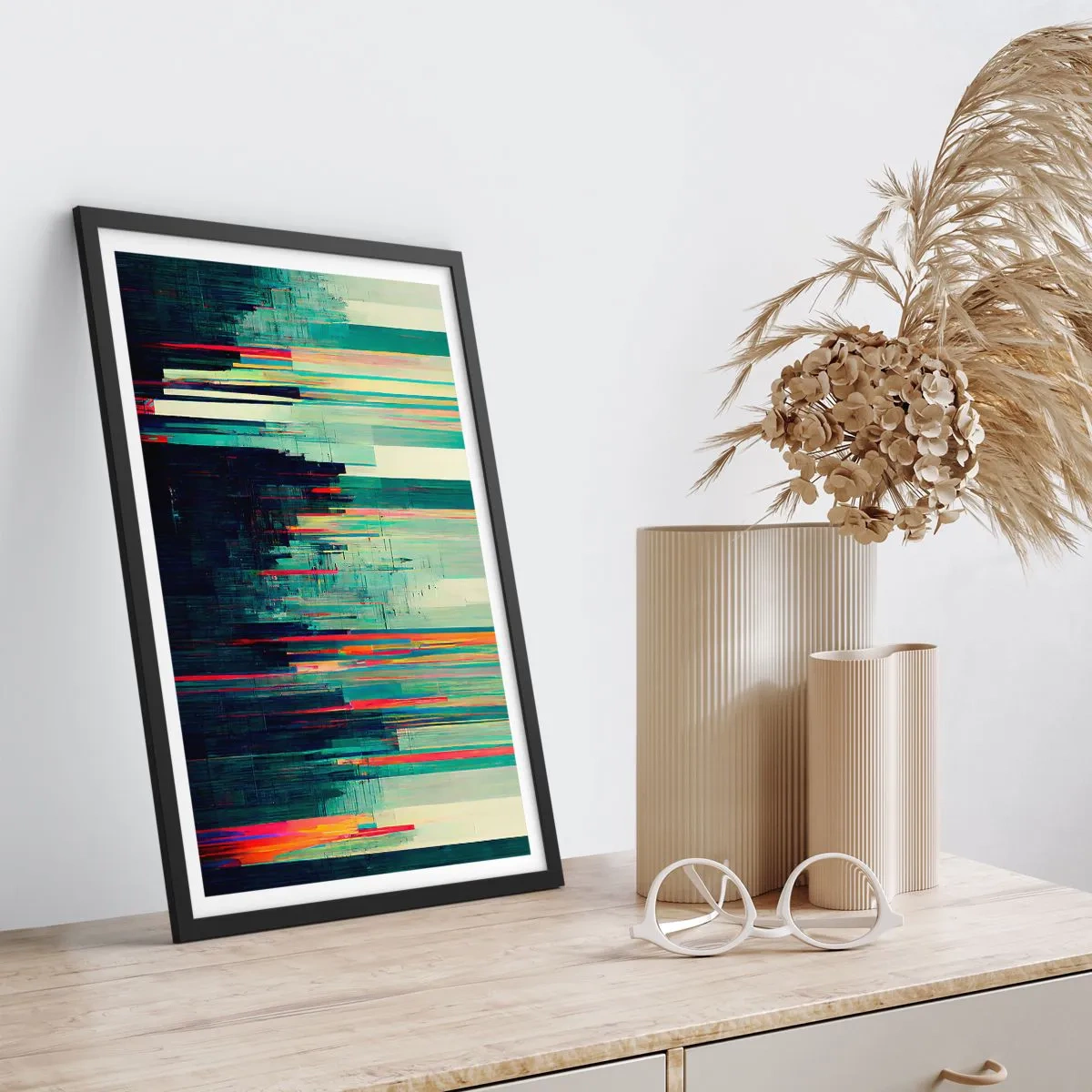 Pôster com moldura preta - Abstração moderna com linhas geométricas - 50x70cm - Cidade futurista - Decoração de parede moderna para a sala de estar e quarto ARTTOR