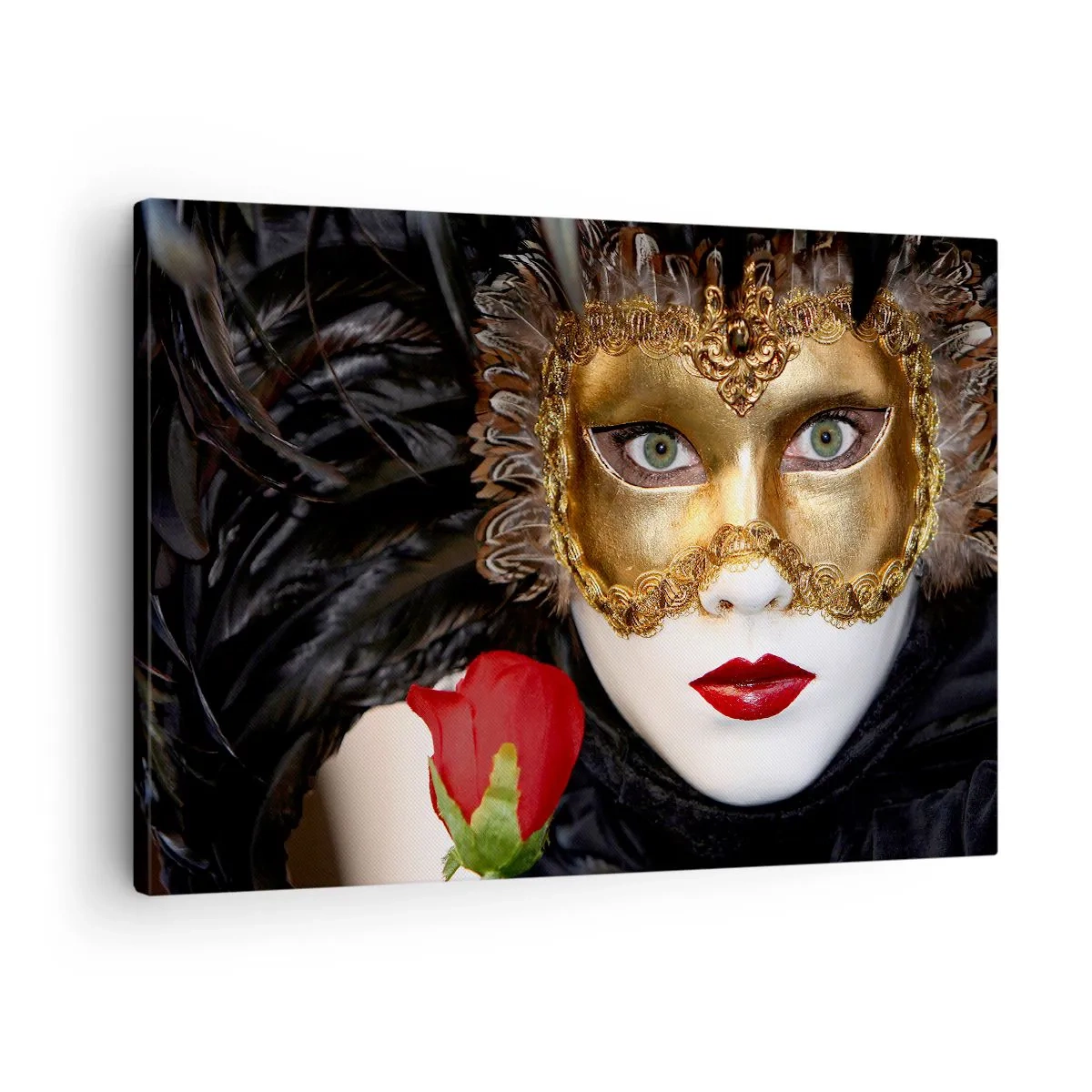 Quadro em tela - Máscara veneziana dourada com penas e uma rosa vermelha, motivo misterioso. - 70x50cm - Porque a vida é uma grande baile - Decoração de parede moderna para a sala de estar e quarto ARTTOR
