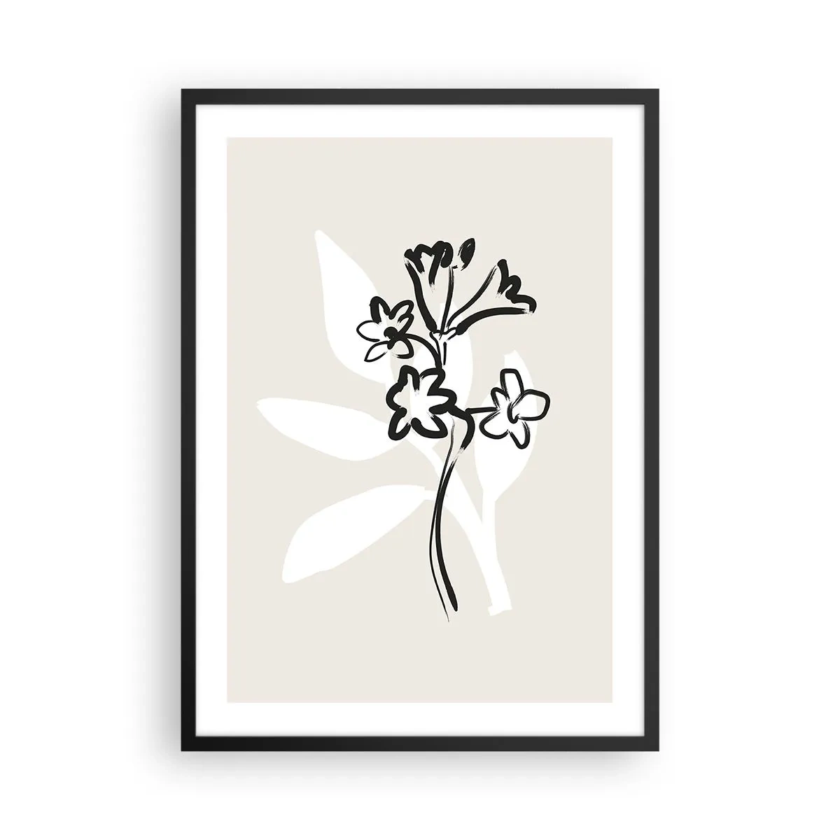 Pôster com moldura preta - Desenho minimalista de flores - 50x70cm - Esboço para o herbário - Decoração de parede moderna para a sala de estar e quarto ARTTOR
