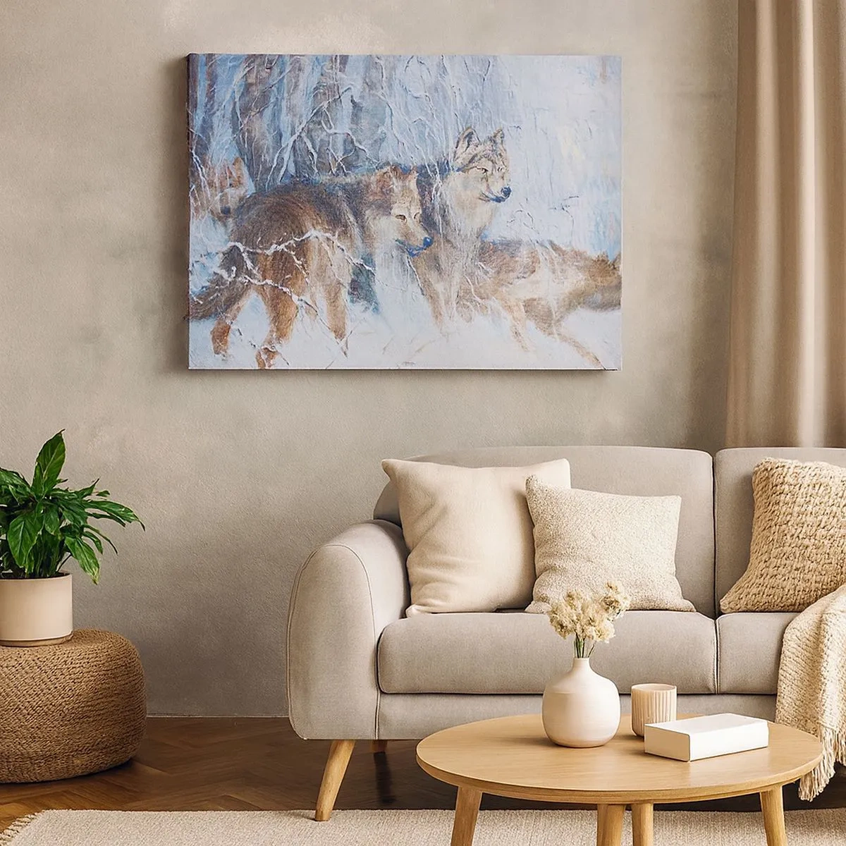 Quadro em tela - Lobos em uma floresta de inverno com fundo de neve - 70x50cm - Atenção! Está a vir... - Decoração de parede moderna para a sala de estar e quarto ARTTOR