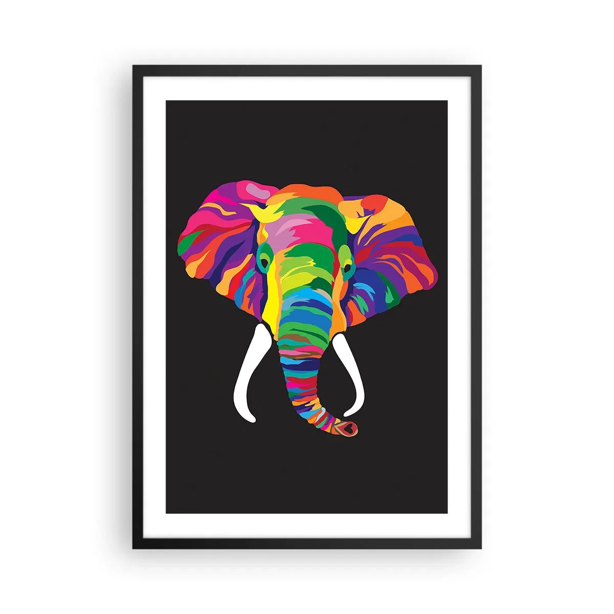 Pôster com moldura preta - Uma imagem colorida de um elefante em um fundo preto - 50x70cm - O elefante que adorava banhar-se no arco-íris - Decoração de parede moderna para a sala de estar e quarto ARTTOR