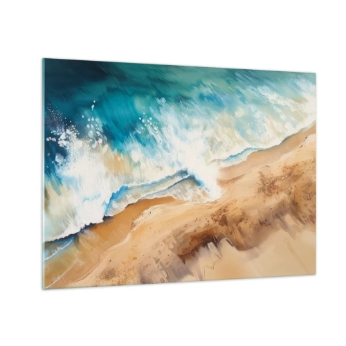 Quadro em vidro - Uma vista aérea de uma onda azul do mar quebrando contra uma costa arenosa - 70x50cm - A onda que retorna - Decoração de parede moderna para a sala de estar e quarto ARTTOR