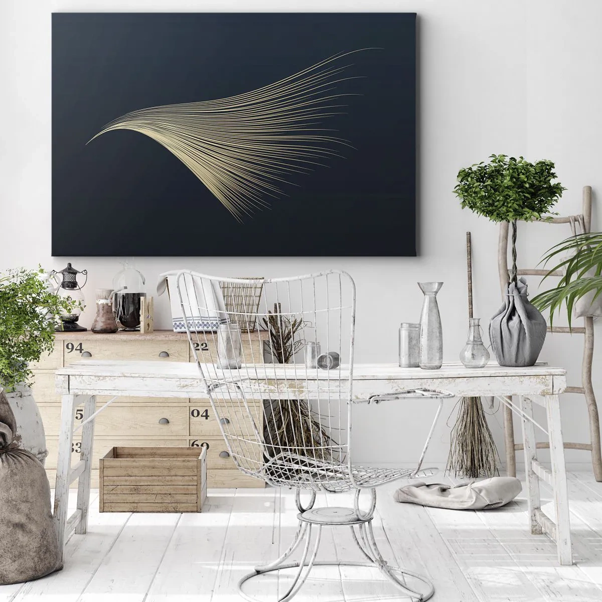 Quadro em tela - Uma linha delicada semelhante a uma pena em um fundo azul marinho - 70x50cm - Como o cabelo de um anjo - Decoração de parede moderna para a sala de estar e quarto ARTTOR