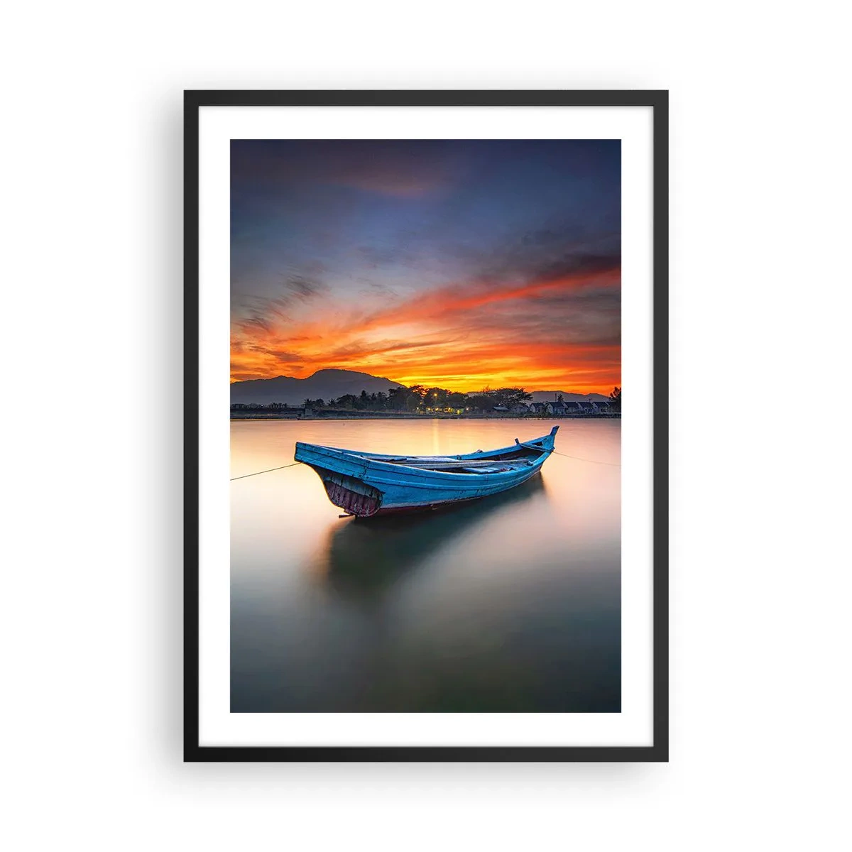 Pôster com moldura preta - Um barco solitário na água ao pôr do sol - 50x70cm - Uma boa noite se aproxima - Decoração de parede moderna para a sala de estar e quarto ARTTOR