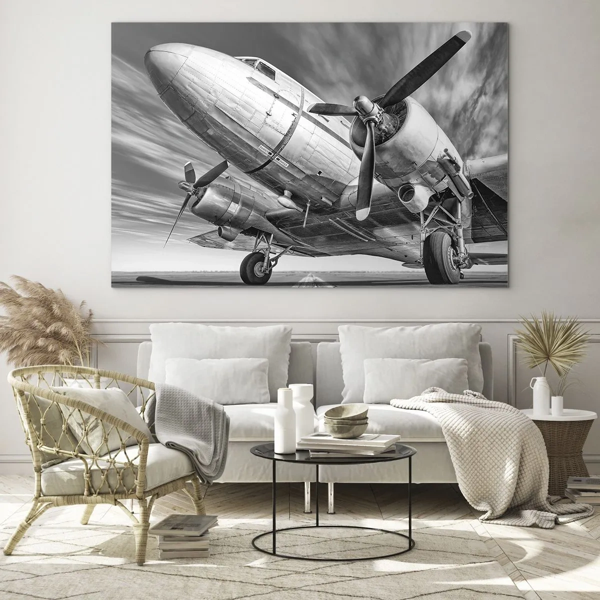 Quadro em vidro - Um avião a hélice preto e branco na pista - 70x50cm - Sempre pronto a voar - Decoração de parede moderna para a sala de estar e quarto ARTTOR
