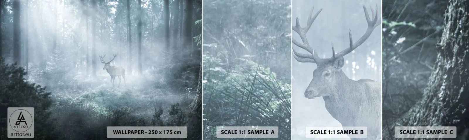 Amostra de Papel de Parede Standard Eco - Passeio matinal à volta da propriedade - Paisagem, Floresta, Cervo - 100x30 cm