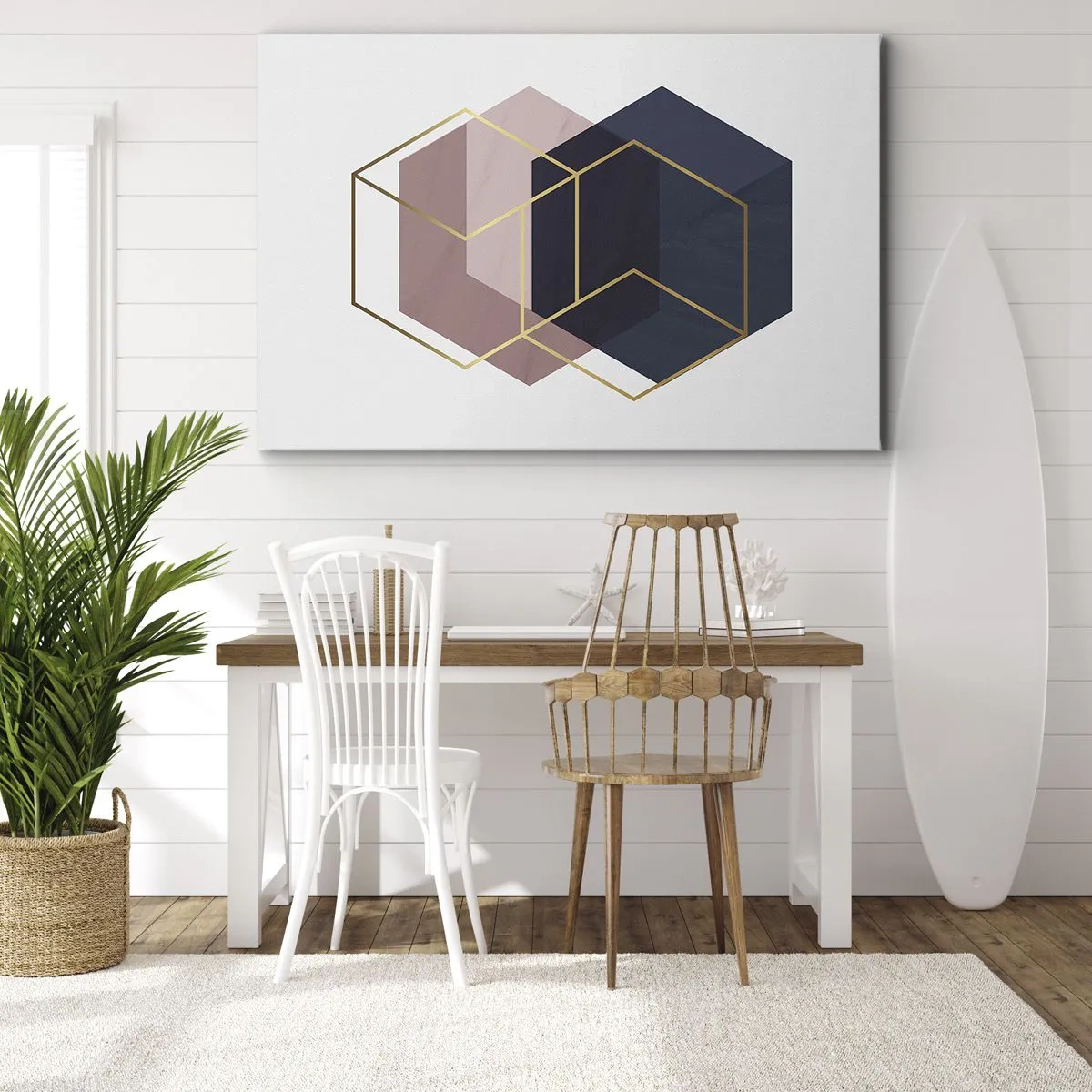 Quadro em tela - Formas geométricas em linhas douradas sobre fundo pastel - 70x50cm - O poder da simplicidade - Decoração de parede moderna para a sala de estar e quarto ARTTOR