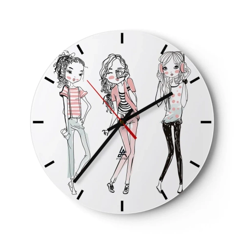 Relógio de parede - Relógio em vidro - Três meninas em um estilo moderno - 30x30cm - Vai ser divertido - Decoração de parede moderna para a sala de estar, cozinha e quarto ARTTOR